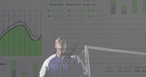 Athlete analyzing soccer performance with data visuals
