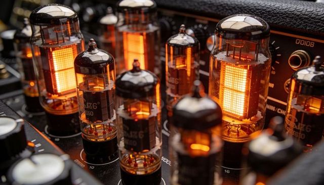 Glowing vacuum tubes emitting warm orange glow inside vintage tube amplifier chassis