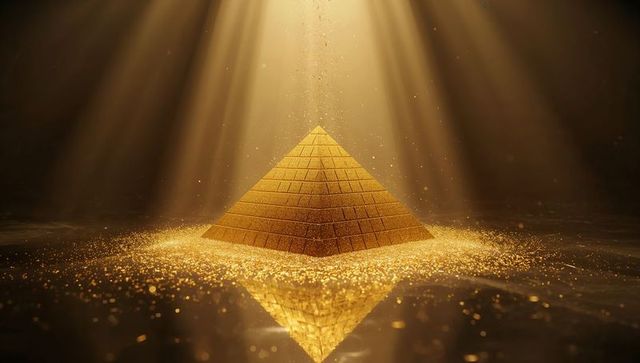 Glowing gold pyramid radiating light on reflective mirror floor with floating sparks