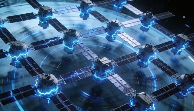 Modular satellite grid emitting blue energy arcs over deep space vortex with solar arrays