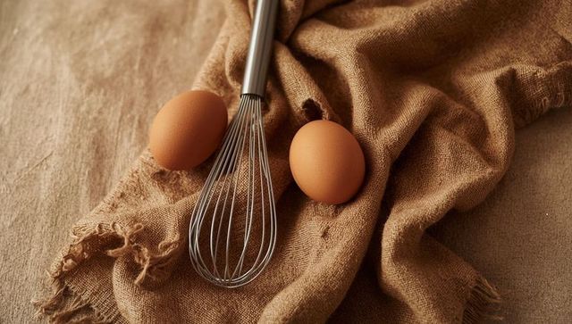 Rustic kitchen setup with eggs and whisk on linen cloth