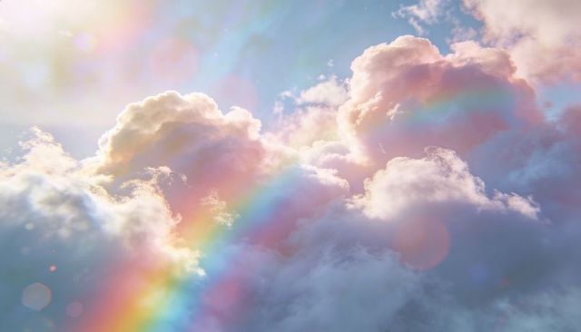 Ethereal Pastel Cloudscape with Rainbow Arc, Soft Lens Flare and Dreamy Bokeh