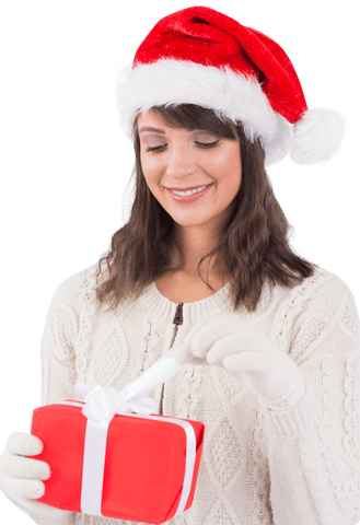 Transparent Woman in Santa Hat with Red Gift Smiling Joyfully