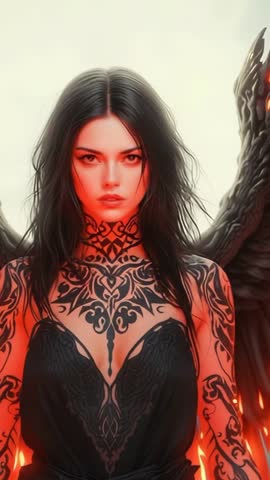 Dark Angel Emerging with Red Glow and Ornate Tattoos, Vertical Cinematic Fantasy Video