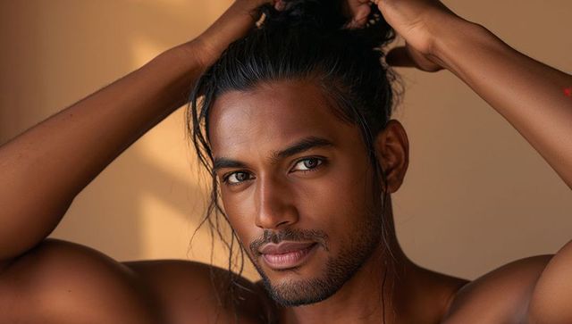 Indian man gathering long hair into bun bare-chested portrait with warm studio light