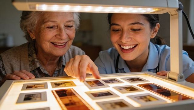 Young caregiver and elderly woman sharing nostalgic memories over lightbox of film slides
