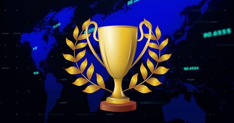 Golden trophy on digital world map background symbolizing global success