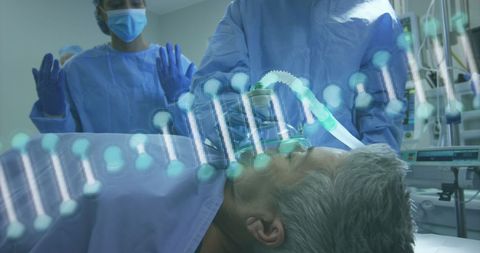 Complex Medical Procedure with DNA Graphic Overlay