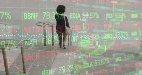Double Exposure Child on Phone with Stock Market Display