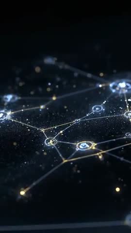 Panning Vertical Video Revealing Blue Gold Holographic Node Network Mapping Digital Links with Spark