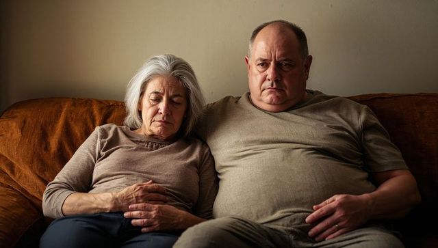 Senior couple sitting quietly on sofa showing wedding band, intimate home moment