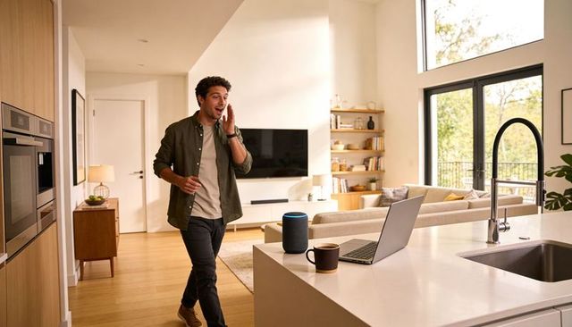 Man in olive shirt walking and talking on phone while working from home in bright open-plan kitchen