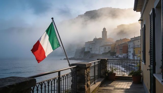Italian flag fluttering on terrace overlooking misty coastal village at sunrise