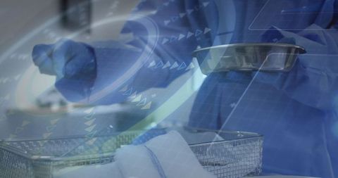 Futuristic sterile healthcare overlay: nurse prepares surgical instruments