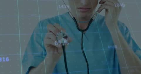 Healthcare Professional Using Stethoscope Amidst Digital Data Interface