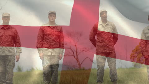 Multiethnic Soldiers Overlaid on Saint George's Cross Flag