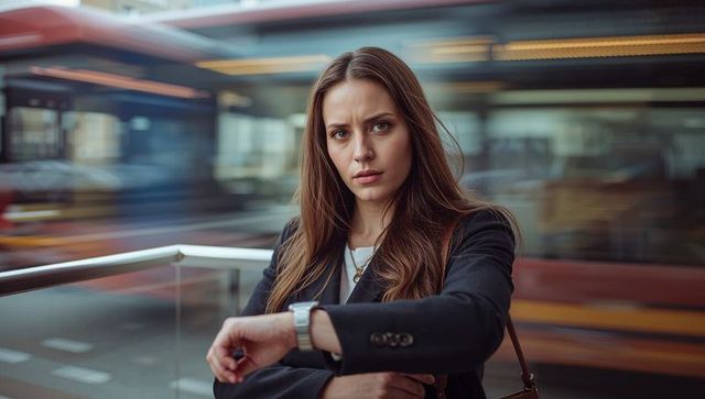 Frustrated commuter checking wristwatch at tram platform, signaling time pressure