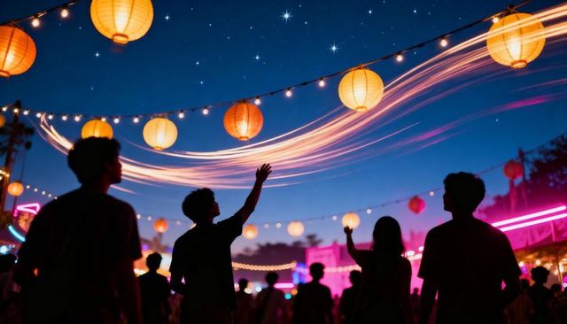 Festival crowd waving under paper lanterns and neon light trails at dusk