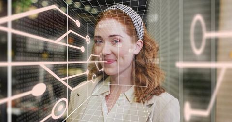 Red-haired professional engaging with 3d circuit grid and binary data visualization