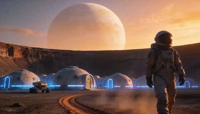 Walking astronaut on alien crater near futuristic dome habitat at sunrise rover tracks