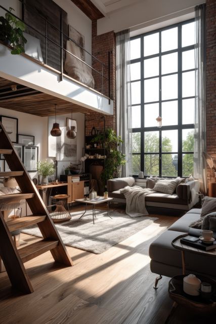 General view of modern loft apartment with large window, created using generative ai technology. Modern interior design, architecture and urban home decor concept digitally generated image.