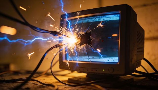 Retro crt monitor erupting with electric sparks and blue arcs on workshop workbench