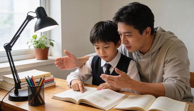 Father guiding son through homework at window desk with lamp and books