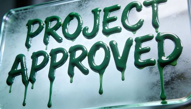 Dripping green gel project approved on glass plaque showing moisture highlights