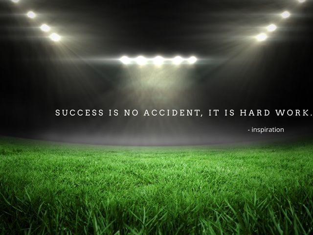 Image features a football field illuminated by powerful stadium lights. A motivating message about success and hard work is displayed prominently. Ideal for sports teams looking for inspiration, motivational posters, team-building seminars, or social media posts encouraging perseverance and dedicated work ethic.