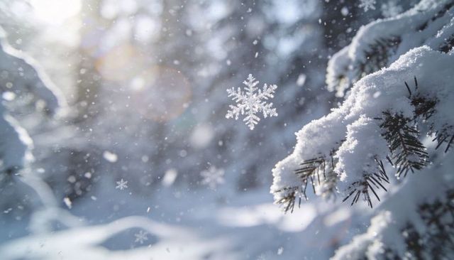 Macro snowflake floating over snow-covered pine branch with sunlit bokeh and frost