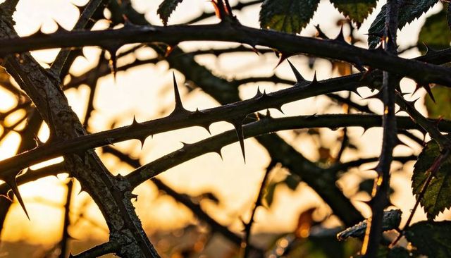 Glowing backlit bramble thorns at golden hour with dewdrops and lichen on wild rose canes