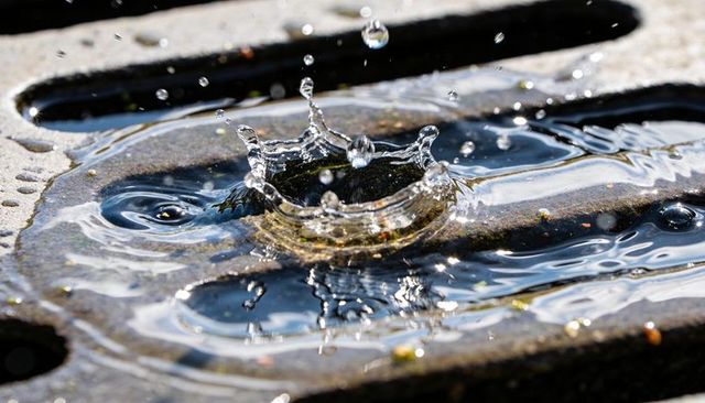 Creating crown splash from water droplet on wet metal grate with suspended droplets