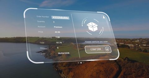 Digital invoice displayed over scenic coastal landscape