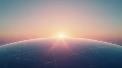 Sunrise Over Digital Earth from Orbit, Cinematic Timelapse Showing Horizon Glow and Network Grid