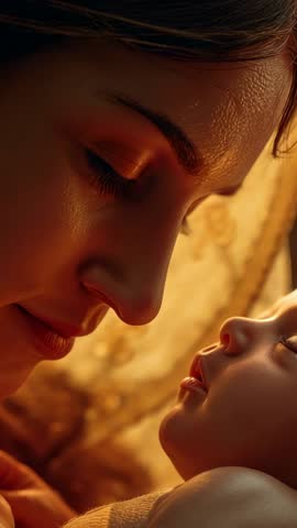 Vertical video: Mother leaning close, closing eyes and soothing swaddled baby in warm backlight
