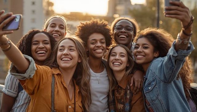 Diverse Friends Enjoying Sunset Selfie on Rooftop