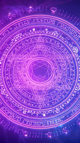 Vertical video with rotating purple sigil pulsing in cosmic void revealing arcane runes