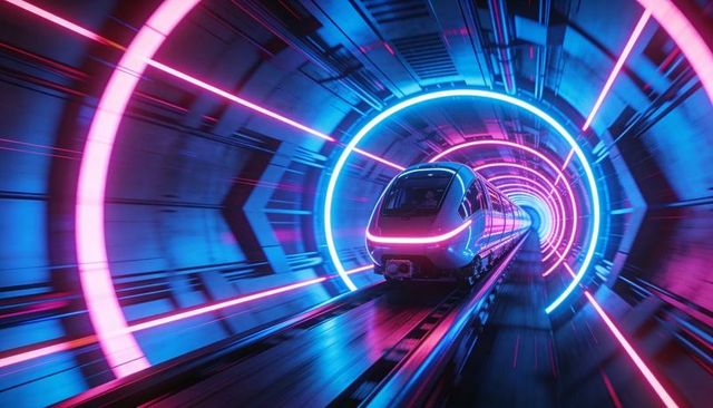 Neon maglev train racing through futuristic tunnel with concentric led rings at high speed