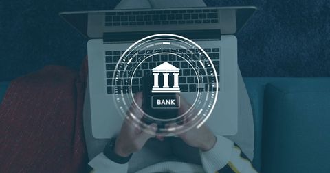 Mobile banking concept with digital icon overlay