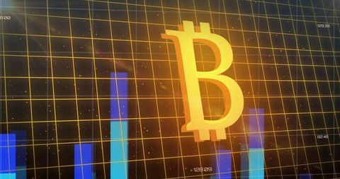 Bitcoin sign with financial data overlaying digital world map graphics