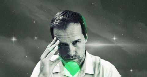 Man contemplating universe with starry galaxy background