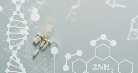 DNA and Chemical Elements Surrounding Pills on Grey Background - Download Free Stock Images Pikwizard.com