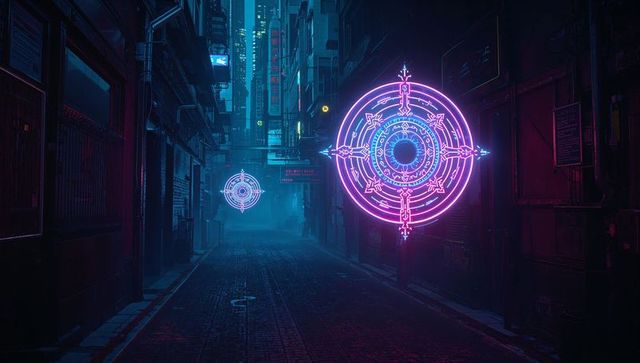 Futuristic Neon Glyphs Hovering in Urban Alleyway