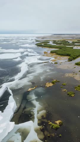 Vertical aerial video capturing melting sea ice merging with tidal mudflats