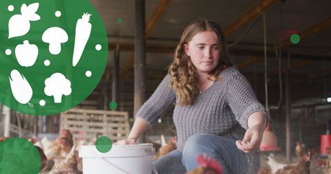 Woman feeding chickens in farm for sustainable agriculture concept