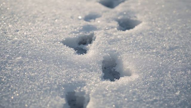 Single-file footprints receding across sparkling snow, glittering ice crystals at dawn