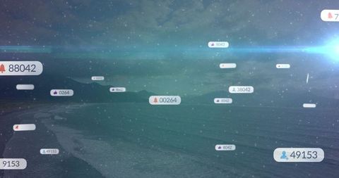 Floating Social Notifications Over Moonlit Coastal Horizon With Engagement Counters