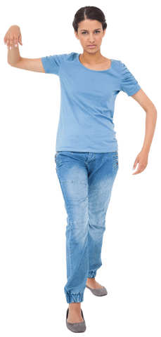 Transparent Posing Woman in Casual Blue Outfit