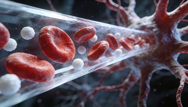 Biconcave erythrocytes and leukocytes traveling inside translucent capillary, 3d render