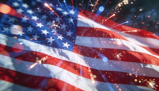 Waving american flag with fireworks and sparklers, bokeh lights, patriotic celebration